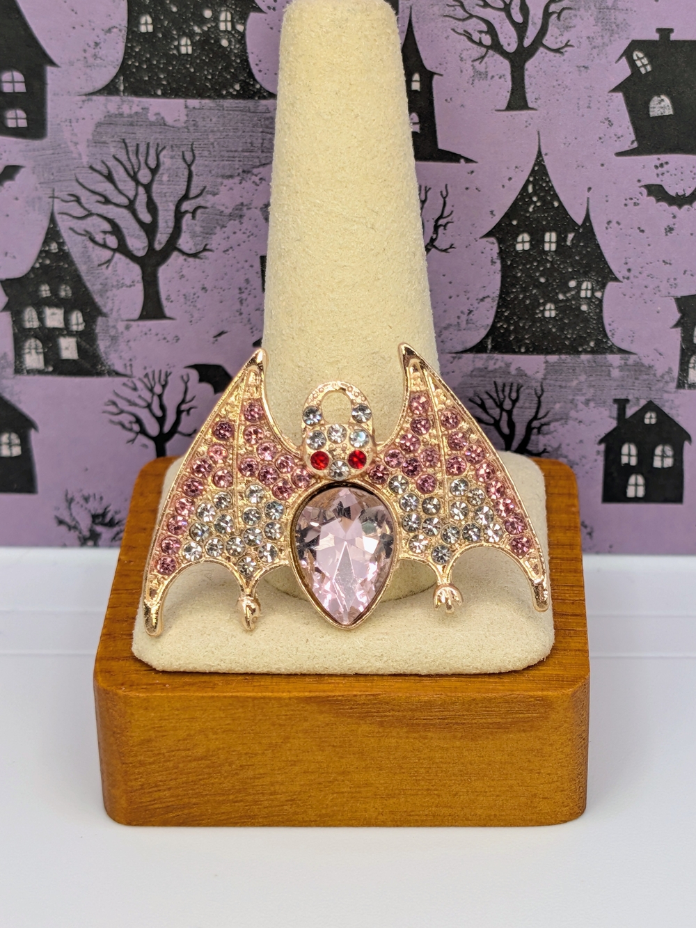 Gold-Tone Metal Bat Brooch Accented With Pink And White Rhinestones